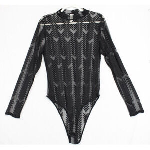 Sheer Black Bodysuit Top Long Sleeve Women XL Goth Edgy Coquette